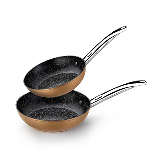 Monix Copper - Set de 2 Sartenes Efecto Cobre, Aluminio Forjado Antiadherente con Partículas de Titanio, para Todo Tipo de Cocinas Incluso Inducción, 20-24 cm