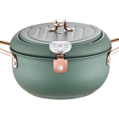 AlfaView Freidora con Termómetro, Acero Inoxidable Tempura Sartén,Olla de Pollo Frito con Termómetro y Tapa, para pollo, patatas fritas, pescado y camarón (Green Upgrade 3200 ml)