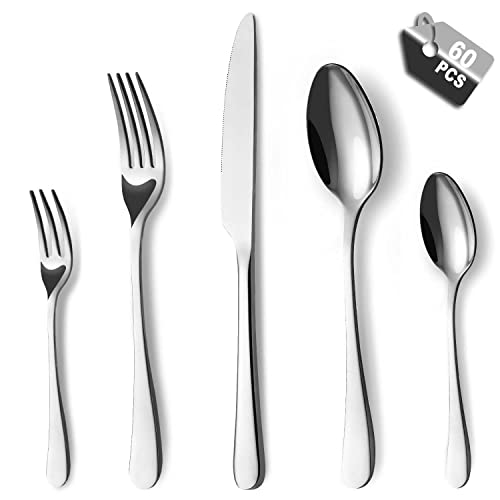 BEWOS Juego de cubiertos para 12 personas, juego de cubiertos de 60 piezas que incluye cuchillo, tenedor, cuchara, cubiertos, acero inoxidable pulido espejo, apto para lavavajillas