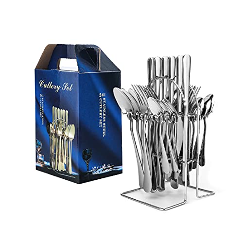 peinat Cubiertos Acero Inoxidable 24 Piezas, Puede Ser Utilizado por 6 Personas Juego De Cubiertos, Incluyendo Cuchillos,Tenedores,Cucharas,Cucharaditas Y Estante De Almacenamiento, Plata Clásica