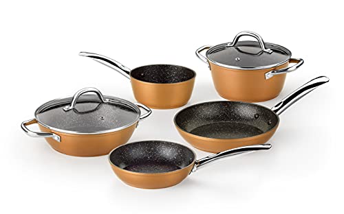 Monix Copper - Batería 5 piezas, aluminio forjado, antiadherente sin PFOA, apto todo tipo de cocinas incluso inducción, color cobre, Dimensiones variables