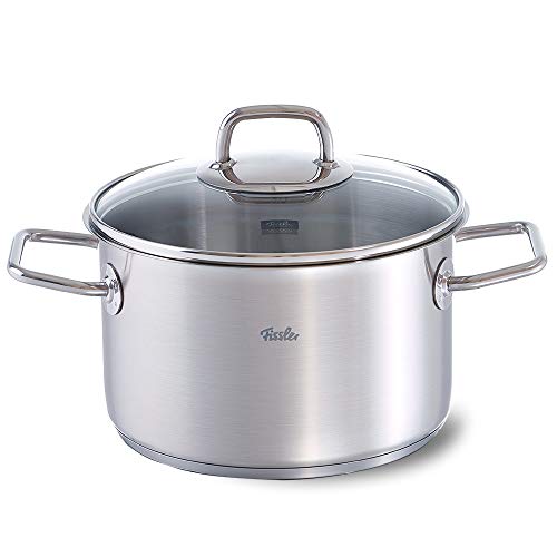 Fissler Viseo Olla de 3,6 L y 20 cm de diámetro, acero inoxidable, tapa de cristal, escala de medición integrada, reborde, de bajo consumo, para todo tipo de placas, también inducción