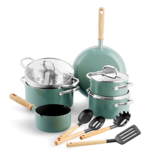 GreenPan Mayflower Juego de 13 Ollas y Sartenes de Cerámica Antiadherente, Incluye Sartenes, Cacerolas, Ollas, Tapas, Colador, Mango de Madera Vintage, Sin PFAS, Inducción, Azul ahumado