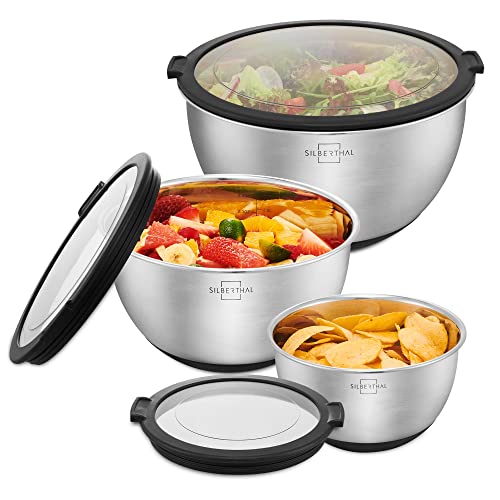 SILBERTHAL Set cuencos acero inoxidable con tapa hermetica cocina | Boles para ensalada acero inoxidable antideslizante 1,4L / 2,8L / 4,7L