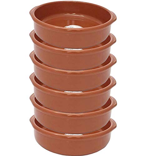 Pack de 6 Cazuelas redondas de barro con asas, diámetro exterior 28,8 cm (asas incluidas), diámetro interior 24,8 cm, aptas para vitro y horno