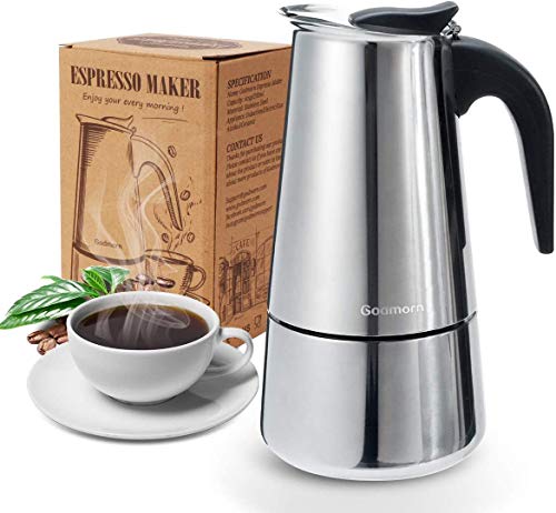 Godmorn Cafetera italiana,Cafetera espressos en Acero inoxidable430,4 tazas(200ml),Conveniente para la cocina de inducción,Cafetera Moka Clásica,Plata,Perfecta para Uso Doméstico y en la Oficina