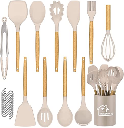 DLD Juego de utensilios de cocina de 22 piezas con soporte, antiadherente, resistente al calor, mango de madera natural (caqui)