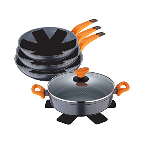 SAN IGNACIO Lava | Batería de Cocina de 5 Piezas y Protectores | Juego de Cocina con 3 Sartenes de 20, 24 y 28cm de Diámetro y 1 Cacerola de 28cm con Tapa | Antiadherentes | Para Todo Tipo de Cocinas