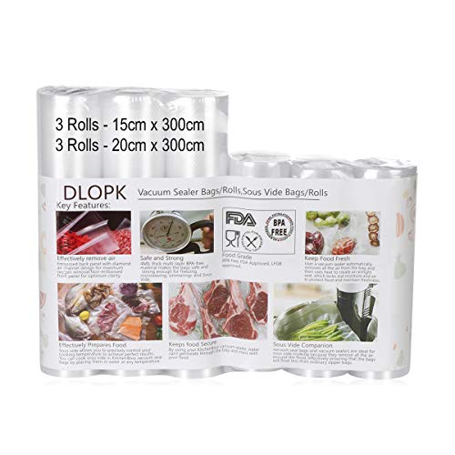 Bolsas Vacio Comida 6 Rollos 15x300cm y 20x300cm Bolsas Profesional para envasadora al vacio la Conservación,Sous Vide Cocina, Rollos envasadora al vacio