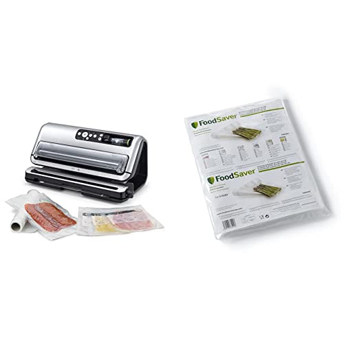 FoodSaver FFS006X-01 Envasadora al vacío, 125 W, Acero Inoxidable + Bolsas FoodSaver de envasado al vacío reutilizables precortadas | 32 bolsas de envasado al vacío precortadas (3,78 L)