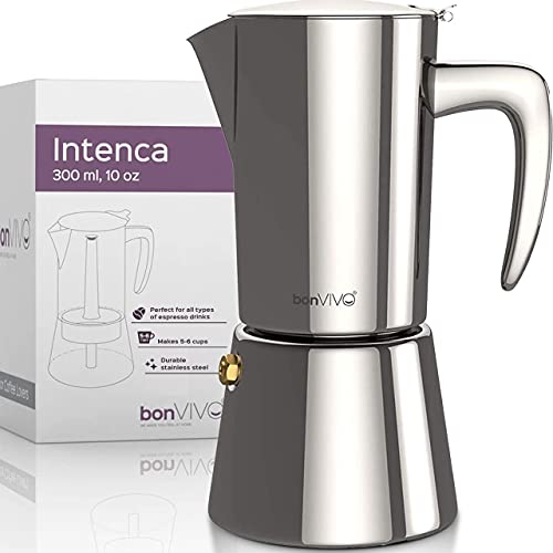 bonVIVO Cafetera Italiana - Moka Grande Profesional en Acero Inoxidable para Cafe Espresso - Cocina a Induccion, Electrica, a Gas y Vitroceramica