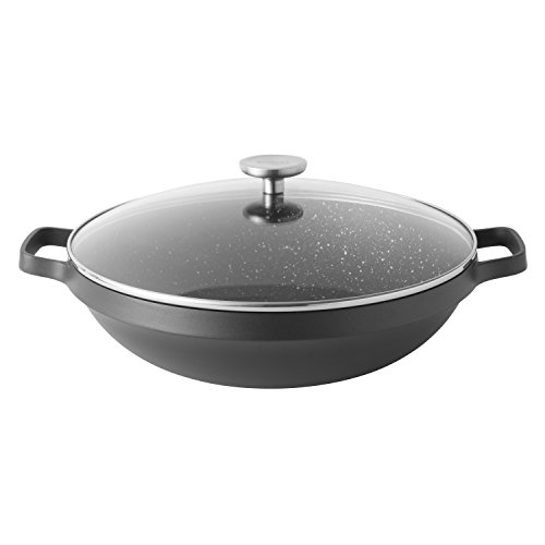 Berghoff Gem Wok antiadherente con revestimiento de cerámica para inducción, con tapa de vidrio, 32 cm, aluminio fundido, negro, 40 x 33 x 16,5 cm