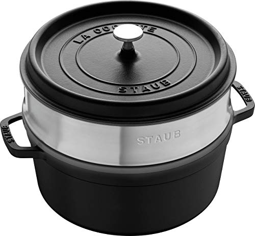 STAUB Cacerola/Cocotte con Vaporera de Hierro Fundido, Diámetro de 26 cm, 5,2 L, Esmaltado Interior Negro, Negro