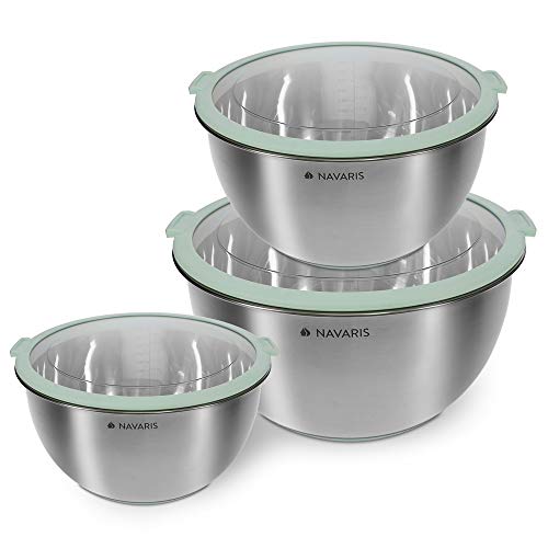 Navaris Set de 3 cuencos de acero inoxidable - Juego de boles con tapas para preparar servir almacenar comida y ensalada - 3 tamaños - Verde menta