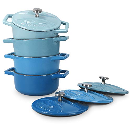 Navaris 4x Cocotte de hierro fundido - Mini cazuela de 10.5 CM esmaltada con tapa - Set de cacerolas aptas para horno - 290 ML - Azul