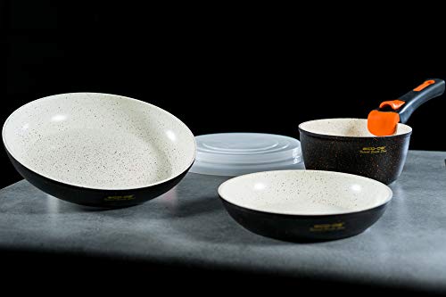 ECODE Set de 3 Piezas de sartenes con revestimineto cerámico y Granito con Mango Extraible Granite Stone (2 sartenes, 1 cazo y 2 Tapas) Apto para inducción y vitro