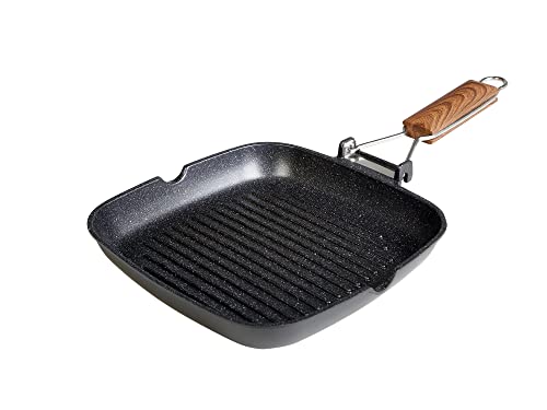 WECOOK! Ecochef Grill Asador Inducción Rayas 20 X 20cm, Antiadherente QUANTANIUM Ecológico sin PFOA, Aluminio Fundido, 5mm Espesor, Mango Madera Plegable, Apta Todas las Cocinas Vitrocerámica, Gas