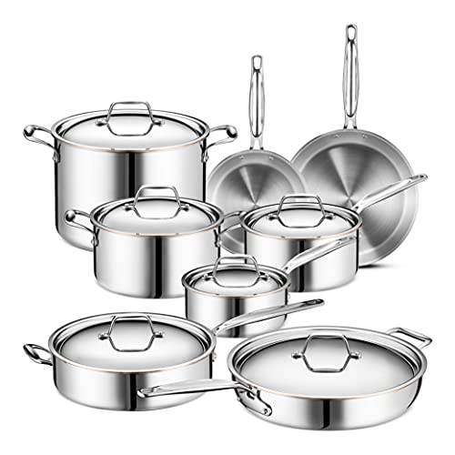 Legend Juego de utensilios de cocina de acero inoxidable de 5 capas, 14 piezas, juego de ollas y sartenes de grado profesional para el hogar, para todo tipo de superficie, inducción y horno,