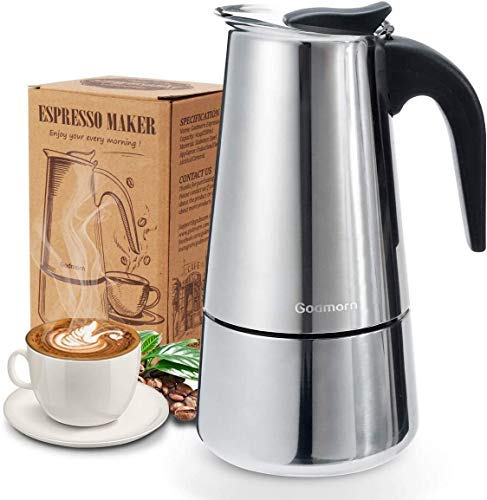 Godmorn Cafetera italiana,Cafetera espressos en Acero inoxidable430,6 tazas(300ml),Conveniente para la cocina de inducción,Cafetera Moka Clásica,Plata,Perfecta para Uso Doméstico y en la Oficina.