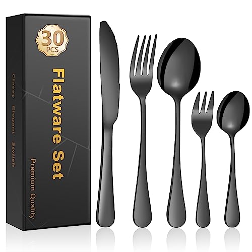 Cinnani Cubiertos Negros de 30 piezas, Juego de Cubiertos para 6 personas, Cubertería Acero Inoxidable, Cuberterias Completas, Set de Cubiertos con Cuchillo, Tenedor, Cuchara, Apto para Lavavajillas