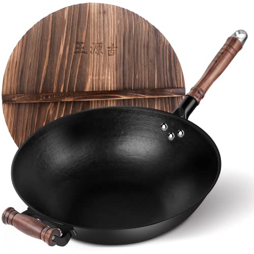 WANGYUANJI Sartén Wok antiadherente con tapa, 36 cm Wok de hierro fundido sin revestimiento con mango desmontable, sartén con tapa para todas las cocinas de inducción eléctricas y de gas