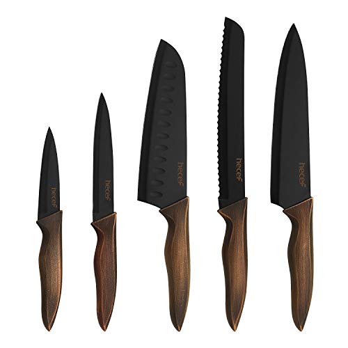 hecef 5 Piezas Cuchillos Cocina Profesional, Set Cuchillos Cocina Acero Inoxidable Negro, Cuchillo Chef, Cuchillo Pan, Cuchillo Santoku, Cuchillo Multifuncional y Cuchillo de Pelar