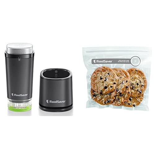Foodsaver VS1199X Envasadora al vacío de alimentos inalámbrica y portátil, con base de carga + FVB015X Bolsas para envasador al vacío con cierre tipo zip, 0.95 litros, 0 Decibelios