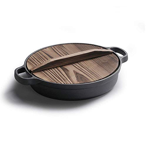HIAQIMEI Sartén De Hierro Fundido Sartén De Doble Oreja Sartén De Hierro Fundido Sartén Sin Revestimiento Cocina De Inducción Ollas Universales Infinity Wok, Tapa De Madera-30cm