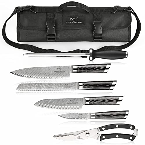 Juego de Cuchillos de Chef, 8 Cuchillos de Acero de Damasco con Bolsa Portátil para Cuchillos, Tenedor de Trinchar, Afilador de Cuchillos, tijeras de Cocina para acampar al aire libre, Barbacoa