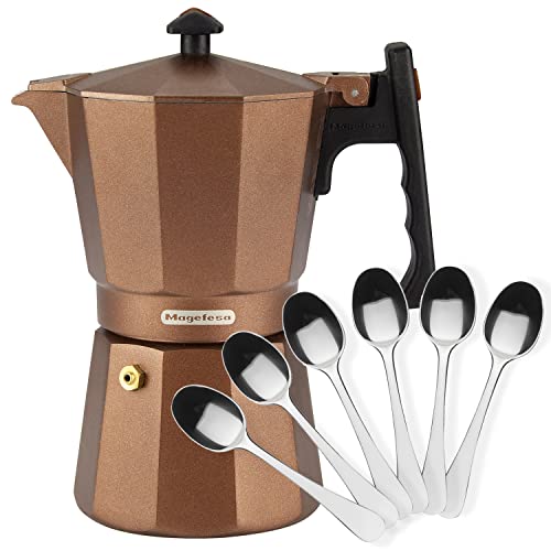 MAGEFESA ® Jamaica Brown cafetera italiana con capacidad para 6 tazas, 300 ml, fabricada en aluminio extra grueso, para todo tipo de cocinas, incluido induccion (Cafetera 6 Tazas + 6 Cucharas moka)