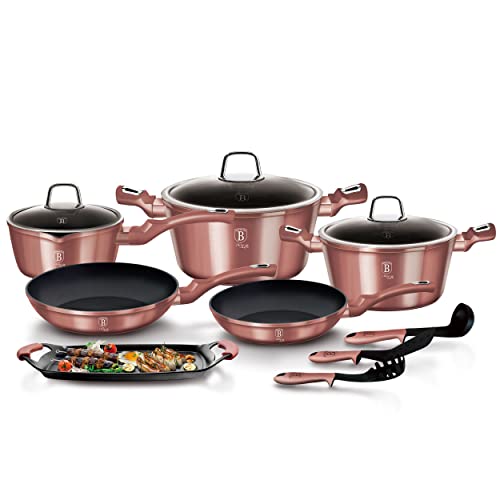 Berlinger Haus I-Rose Batería Cocina Inducción 12 Piezas, Antiadherente Titanio sin PFOA, Aluminio, Set 2 Cazuelas, 3 Tapas Cristal, 1 Cazo, 1 Plancha, 2 Sartenes, 3 Utensilios, Diseño Moderno
