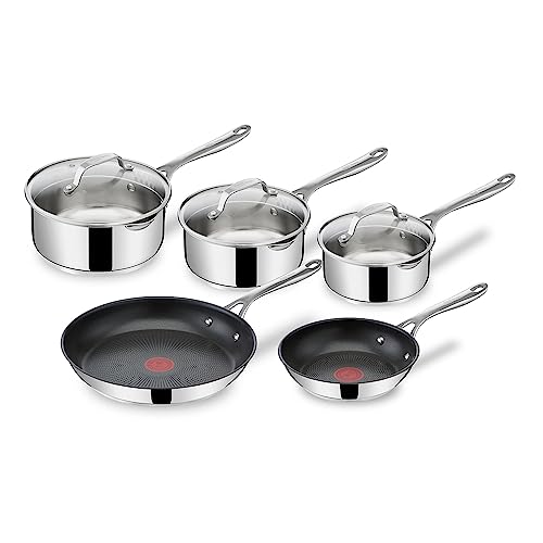 Tefal Jamie Oliver - 20/28 y cazos 16/18/20 cm de acero inoxidable, sartenes antiadherentes, Thermo-Signal, forma profunda, todo tipo de cocinas, fácil limpieza, Juego 2 sartenes y 3 cazos + 3 tapas