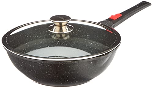 Kamberg Wok 30 cm, mango extraíble, aluminio fundido, revestimiento tipo piedra, tapa de cristal, todo tipo de fuentes de calor, incluida la inducción, sin PFOA