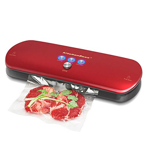 KitchenBoss Envasadora al Vacio Domestica, Maquina al Vacio de Alimentos, Sistema de Sellado Automático por Vacío, con Kit de Arranque 5 Bolsas envasado al vacío（Rojo）