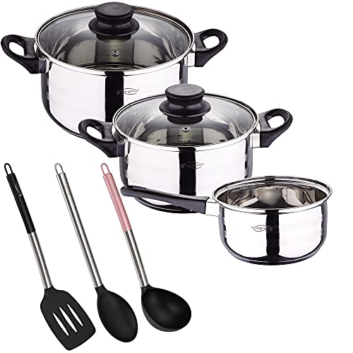 Bateria de cocina 5 piezas San Ignacio de acero inoxidable con set de 3 utensilios de cocina en nylon