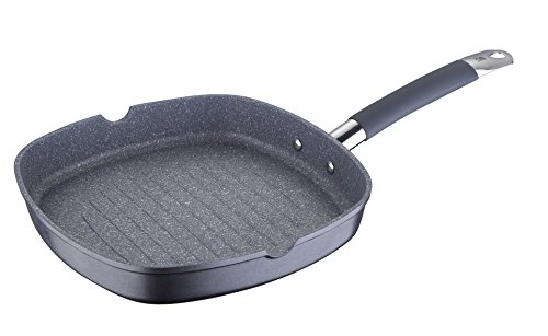 Masterpro - Sartén antiadherente con revestimiento de teflón y mármol, apta para inducción, teflón de aluminio forjado y revestimiento antiadherente de mármol, aluminio, Gris, 28 cm Ø Square Grill Pan