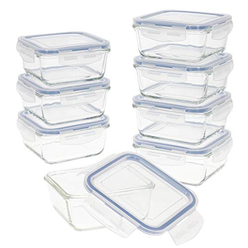 AKTIVE - Pack 8 Recipientes Herméticos de Vidrio, Tupper Cristal Apto para Microondas, Envases para Comida con Cierre, 14 x 14 x 6.5 cm (550 ml), Tapas transparentes, Tapers Cuadrados