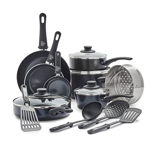 GreenLife Soft Grip Juego de 16 ollas y sartenes de cerámica antiadherente, incluye sartén, cacerola y cazo, sin PFAS, apto para lavavajillas, apto para horno, negro