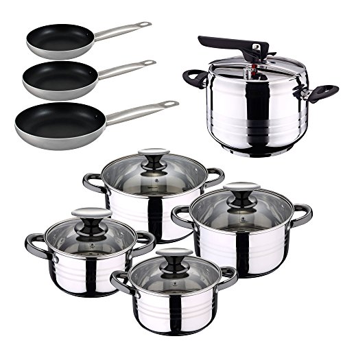 San Ignacio Olla A PRESIÓN 5L SIP Duna + BATERIA Cocina 8 PCS + Set 3 SARTENES Professional Chef 10/20/24, Cromado, 18/20/24