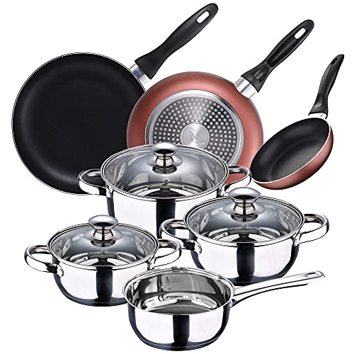 San Ignacio Batería de cocina 7 piezas en acero inoxidable + Set 3 sartenes Ø16/20/24 cm, aluminio prensado, aptas para inducción, PK3363