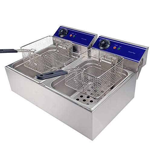 Freidora eléctrica 20L Comercial 2 Tanques 10L+10L Acero Inoxidable 2x3000W 220V-240V Termostato 60-200 ° C Capacidad de aceite máxima es 6L+6L