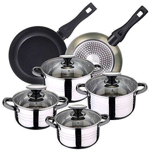 Bergner 10 Piezas batería de Cocina 4 cacerolas con Tapas de Vidrio, más Set 2 sartenes 20/24 cms-aptas para inducción, Acero Inoxidable/Aluminio Forjado, Verde