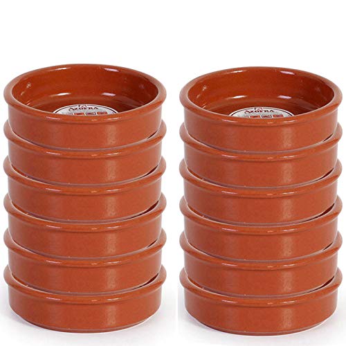 Pack de 12 Cazuelas redondas de barro, diámetro exterior 9.8 cm, diámetro interior 8.5 cm, aptas para vitro y horno