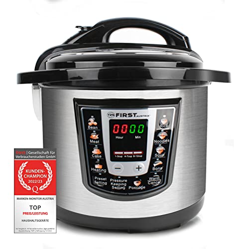 Robot de cocina TZS First Austria de 1000 W, olla rápida eléctrica con 8 programas automáticos, 6 litros, para cocer arroz, mantener en caliente y cocción al vapor
