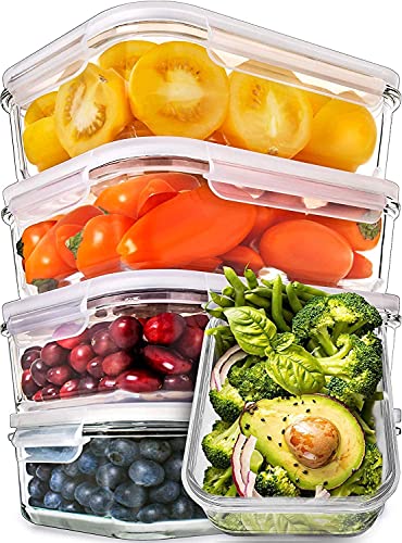 Recipientes para Alimentos [5 Pieza 850 ml] - Recipientes de Cristal para Alimentos Hermético - Juego de Recipientes de Cristal Apto para Lavavajilla Microondas Congelador