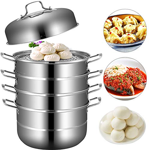 OldFe Olla de Vapor Diámetro de Cada Nivel de 30 cm, Olla de Vapor de Acero Inoxidable, Tapa Elevada y Prácticos Tiradores, Apta para Todo Tipo de Encimeras, Incluidas Las de Gas, Cerámica, Halógenas