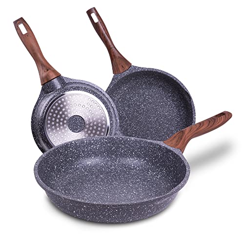 La Moustache - Juego de 3 Sartenes de Aluminio Fundido, Antiadherente, Aptas para Todo Tipo de Cocinas - Inducción - Gas - Placa Eléctrica - Vitrocerámica | 20, 24 y 28 cm (Amalfi)