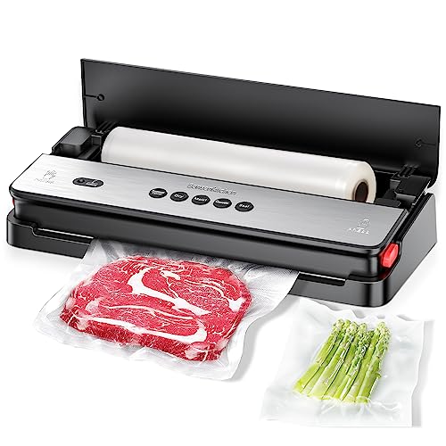 Bonsenkitchen Envasadora al Vacio, Maquina al Vacio de Alimentos Secos y Húmedos, Cortador Incorporado y Almacenamiento de Rollos, La Conservación de Alimentos de Larga Duración, VS3017 (Negro)