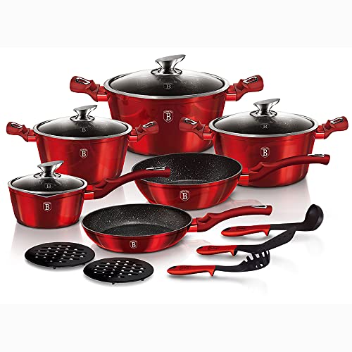 B BERLINGER HAUS BERLINGERHAUS PROFESSIONAL PRECISION Burgundy Batería Cocina Inducción, sin PFOA, Set 3 Cazuelas 4 Tapas Cristal 1 Cazo 2 Sartenes 3 Utensilios 2 Salva Manteles, Rojo, AT-1226N