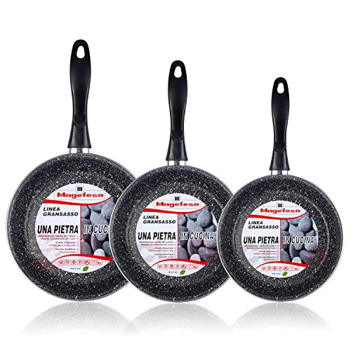 MAGEFESA K2 Gransasso - Set Juego 3 Sartenes 20-24-28 cm, inducción, Antiadherente Piedra